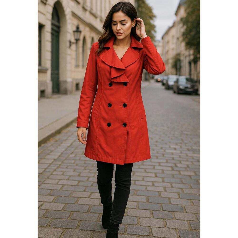 Calvin Klein Red Double Breasted Trench Coat Womens Large Feminine Fall Fashion